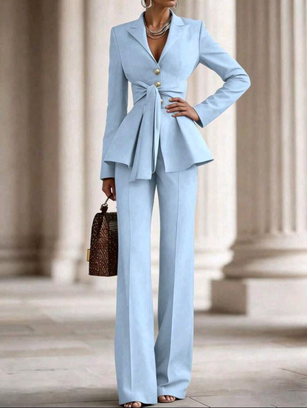 Solid Color Knotted Waist Long Sleeve Jacket And Pants Casual Suit - Picture 4 of 4